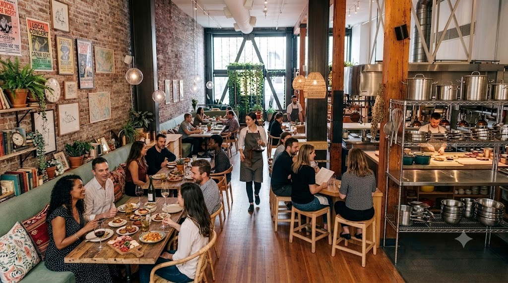 Full-service restaurant with bar service, open kitchen, and guests dining